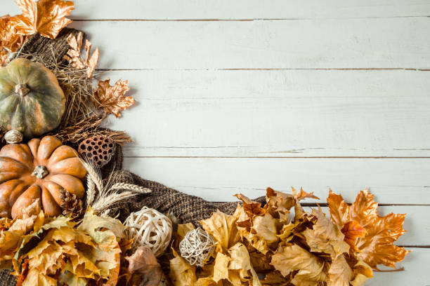istock Autumn background with decorative items and pumpkin. 1182788908