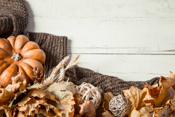 istock Autumn background with decorative items and pumpkin. 1182788914
