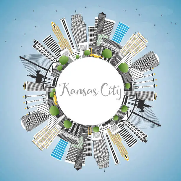 Vector illustration of Kansas City Missouri Skyline with Color Buildings, Blue Sky and Copy Space.