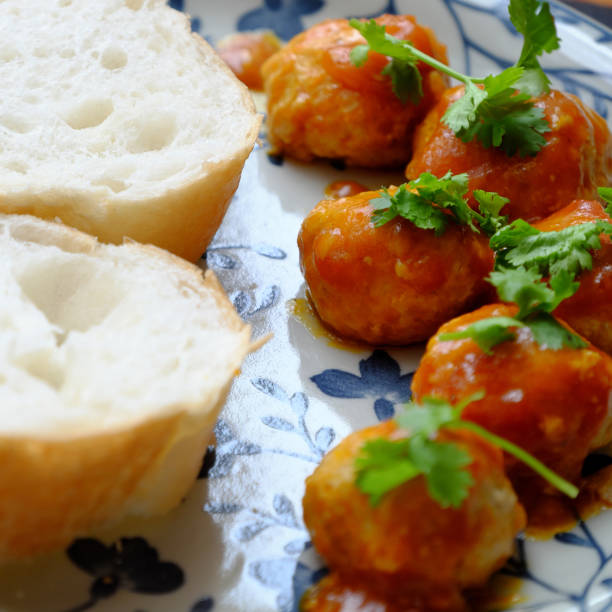 Top view vegan dish, Vietnamese vegetarian meatball from tofu with bread
