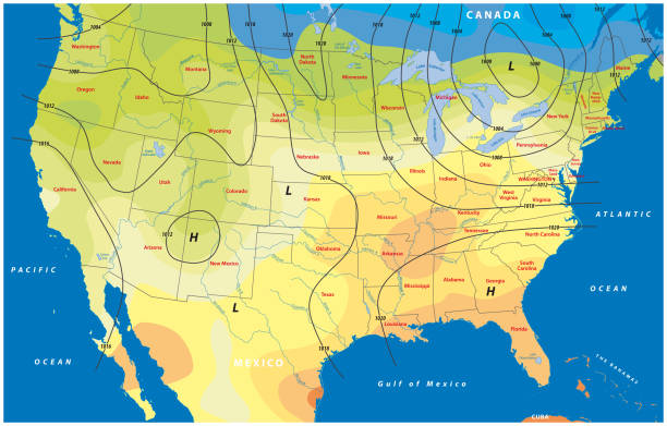 fikcyjna mapa temperatury w usa. ciśnienie barometryczne, prędkość wiatru i kierunek wiatru - map gulf of mexico cartography usa stock illustrations