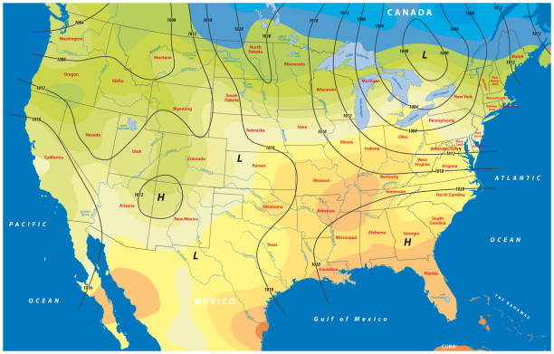 istock fictional map of the usa temperature. barometric pressure, wind speed and  wind direction 1182797892