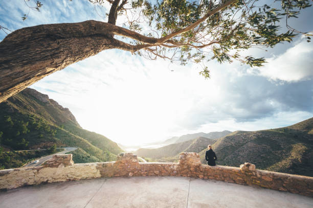 Viewpoint Under The Tree Woman sitting on the wall under the tree looking at beautiful mountain landscape in Cartagena, province of Murcia, Spain. murcia stock pictures, royalty-free photos & images