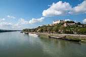 The UFO Bridge of Bratislava and city view in Slovakia