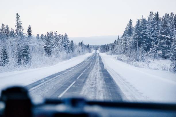 istock Road through the snowy landscape 1182802749