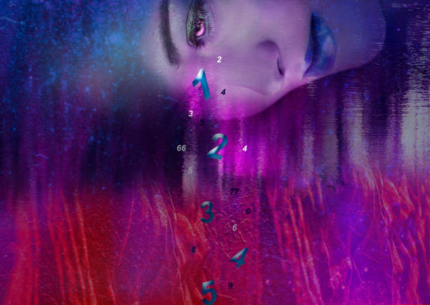 istock Artistic portrait woman and numbers from eyes fall down 1182803895
