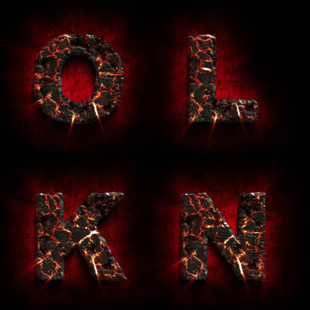 Crack lava stone alphabet. Volcanic letter. Halloween concept. stock photo