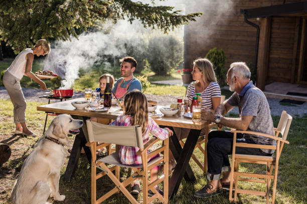 istock Happy extended family talking while having their lunch in the front yard. 1182810388