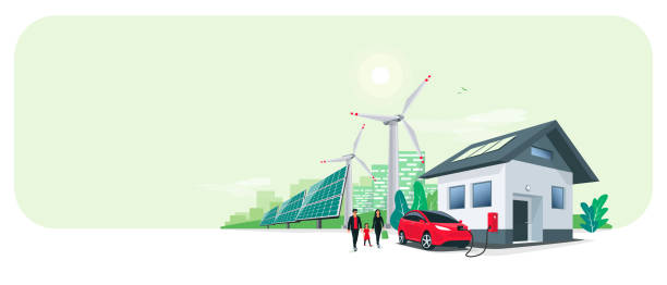 elektroauto-aufladen zu hause mit sonnenkollektoren und windkraftanlage und green city skyline - fuel and power generation power wind power supply stock-grafiken, -clipart, -cartoons und -symbole
