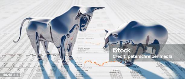 Silver Bull And Bear On Newspaper Stock Photo - Download Image Now - Stock Market and Exchange, Bull Market, Bear Market