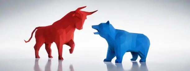 Low Poly faceted colored Bull and Bear standing on white shiny Background