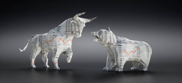 toro e orso fatto di giornale finanziario - growth bull foto e immagini stock