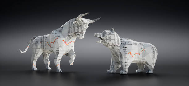 Bull and Bear made of Financial Newspaper Bull and Bear made of Financial Newspaper with Charts on dark grey Background bull market stock pictures, royalty-free photos & images