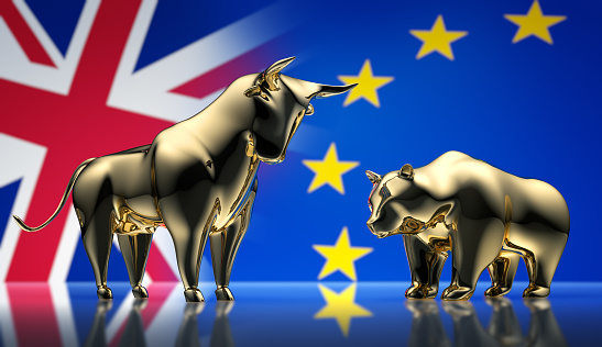 Golden Bull and Bear with Great Britan and European Flags in the Background