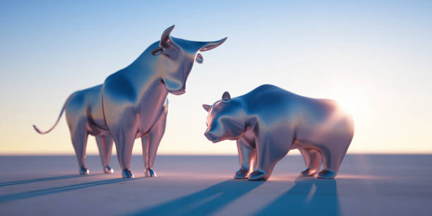 toro de plata y oso al sol de la tarde - bull bear fotografías e imágenes de stock