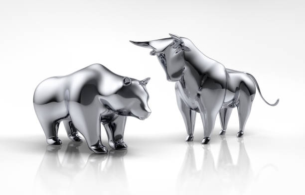 istock Silver Bull and Bear on white Background 1182812256