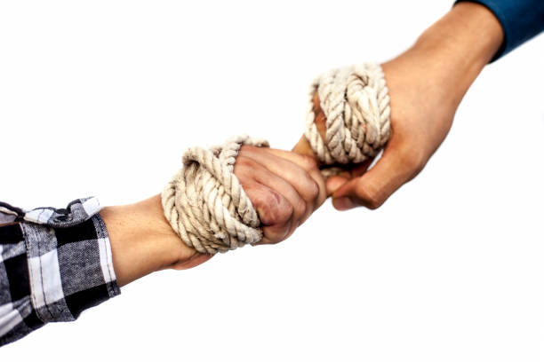 istock Two hands one wearing a blue shirt and black tie while the other wearing black and white square pattern shirt and playing tag of the war game isolated on white.Concept of competition and to succeed. 1182812410