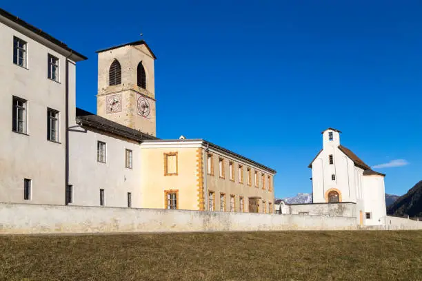 Benedictine Convent of St. John with 1200 years building history in Mustair, a UNESCO site, Switzerland.