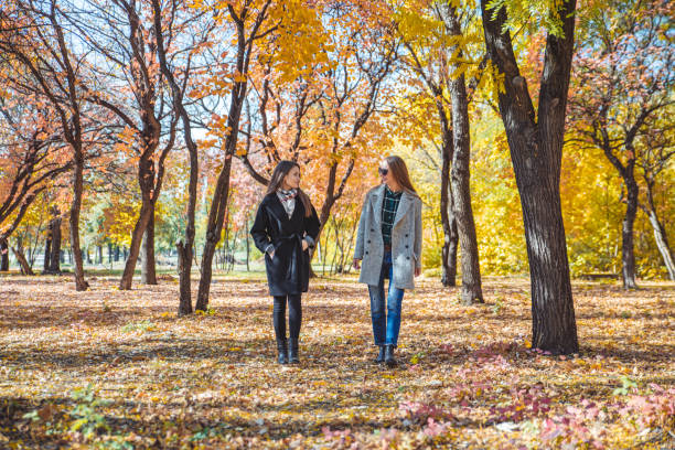two girlfriends walking by autumn city park talking