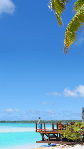 giovane turista donna in piedi sulla terrazza e osservando l'oceano turchese. - luxury hotel palm tree lush foliage asia foto e immagini stock