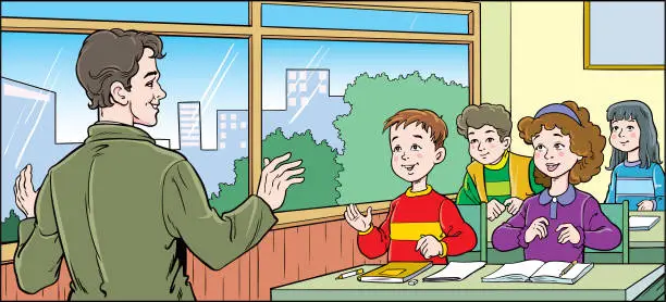 Vector illustration of Teacher Teaching Students In Classroom