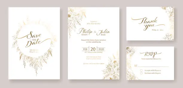 Vector illustration of Gold Wedding Invitation, save the date, thank you, rsvp card Design template. winter flower, Rose, silver dollar, olive leaves, Wax flower, Anemone.