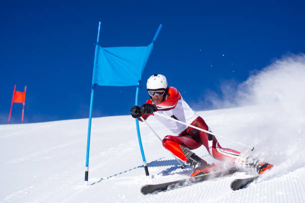 professional skier during super g stock photo