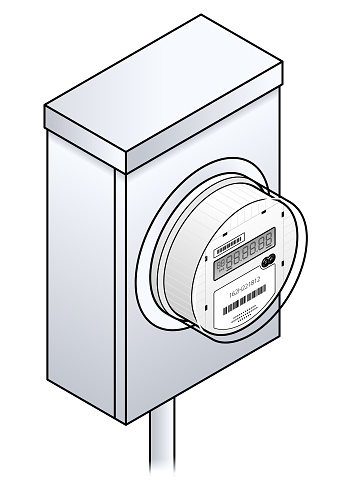 A smart / digital IoT household electricity / power meter with a 1-line LCD mounted on a steel junction box.