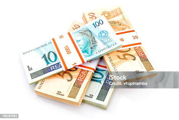 Four Packs Of Brazilian Real Banknotes Stock Photo - Download Image Now - Brazil, Color Image, Currency