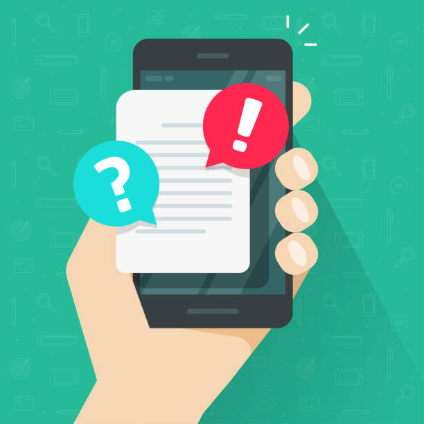 Document with alert or error notification bubble on mobile phone or cellphone vector, flat cartoon paper text file content with exclamation message or comment symbol, caution warning attention mark Document with alert or error notification bubble on mobile phone or cellphone vector, flat cartoon paper text file content with exclamation message or comment symbol, caution or warning attention mark call and response stock illustrations