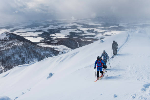 AERIAL: Three active tourists ski touring along the snowy mountain in Japan. AERIAL: Three active tourists ski touring along the snowy mountain  overlooking the beautiful valley in Japanese wilderness. Ski tourers trekking in the fresh snow in spectacular mountains in Niseko. hokkaido stock pictures, royalty-free photos & images