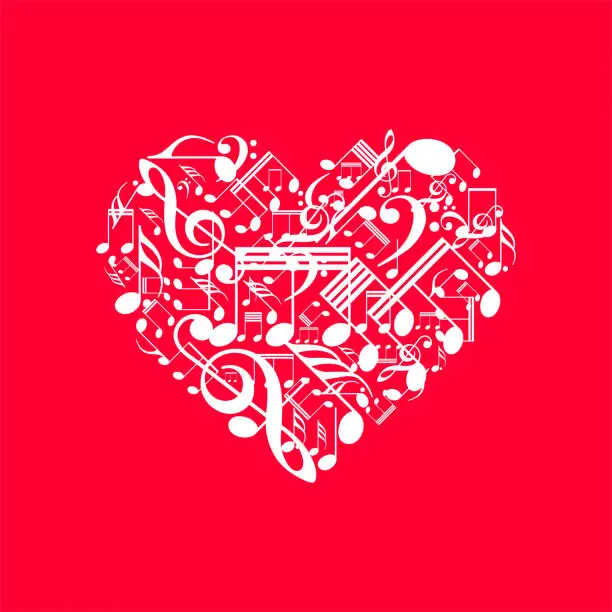 Vector illustration of Vector heart made from music notes, Happy Vallentines day background with heart, love music background