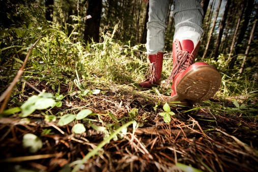 A stock photo of a a red pair of hiking boots out in the forest. Shot with dramatic low angle, lighting and subtle vignette.