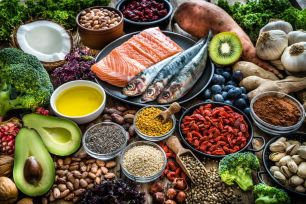 healthy eating: selection of antioxidant group of food - fish spice imagens e fotografias de stock