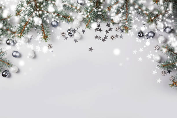 istock Christmas composition with fir branches tree, silver balls 1182827705
