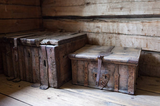 Old worn wooden chest on floor