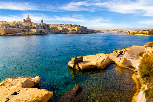 Summer view of the Marsamxett Harbour and Valletta Old town with Cathedral of Saint Paul, Malta