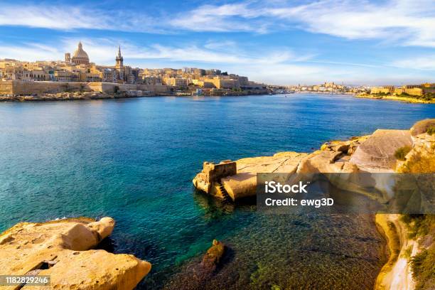 Summer View Of The Marsamxett Harbour And Valletta Old Town With Cathedral Of Saint Paul Malta Stock Photo - Download Image Now