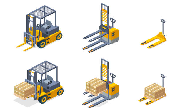 ilustraciones, imágenes clip art, dibujos animados e iconos de stock de conjunto de vectores isométricos de máquinas hidráulicas de almacén - freight transportation audio