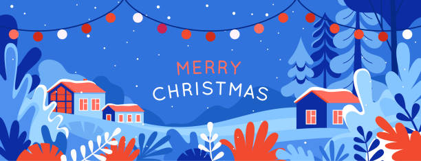 Vector illustration in trendy flat simple style - Merry  Christmas and Happy New Year Vector illustration in trendy flat simple style - Merry  Christmas and Happy New Year greeting card and banner - winter landscape with houses and garland winter illustrations stock illustrations