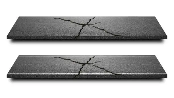 Photo of Broken of Asphalt road isolated in pure white background. Straight highway of cracked road lane for transportation or construction. ( Clipping path )