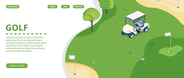 Golf club landing page or banner vector template Golf course, country sports club or resort flat vector web banner, landing page with golf cart on green play field, holes with flagsticks and sand traps illustration. Golf tournament web page template golf course stock illustrations