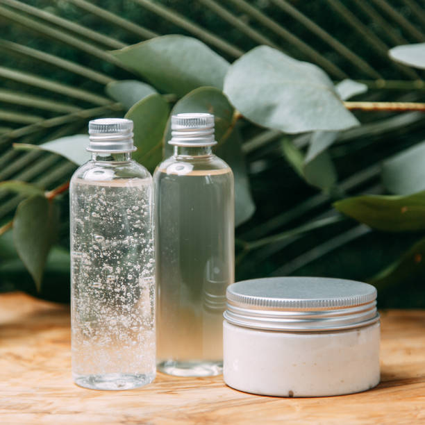 Ecological cosmetics in jars with greens. Bottle of natural cosmetics Flatley. Bottle of natural cosmetics Flatley. Ecological cosmetics in jars with greens. nature russia environmental conservation mineral stock pictures, royalty-free photos & images