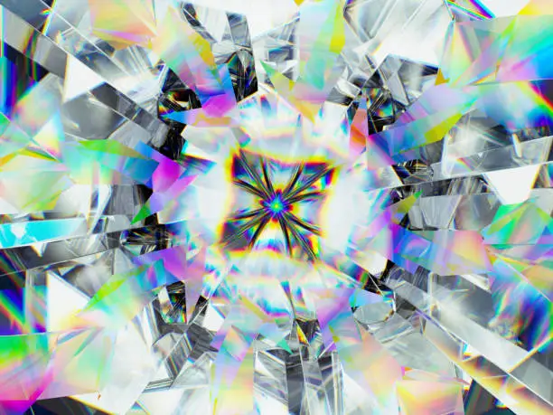 Gemstone structure extreme closeup and kaleidoscope. top view of round gemstone 3d render, 3d illustration