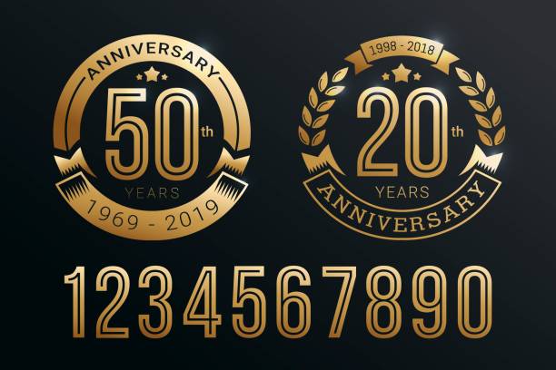 ilustrações, clipart, desenhos animados e ícones de projeto ajustado do molde dos emblemas do aniversário com estilo do número do ouro - número 50