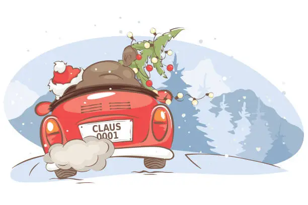Vector illustration of Santa hurries to bring gifts.