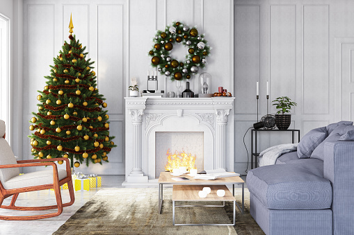 New Year Concept. Christmas Tree with Fireplace and Ornaments. 3d Render