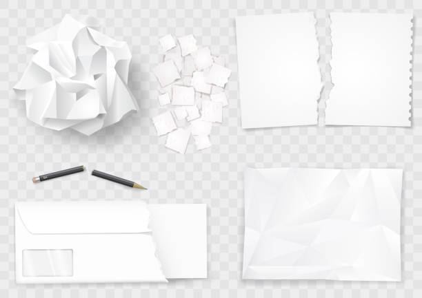 Set creasy paper sheets and pen Set of different crumpled and torn sheets of paper. Broken pencil. Vector graphics. half full stock illustrations