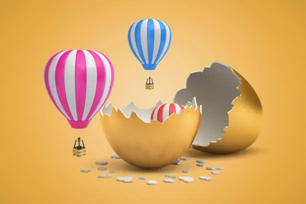 3d rendering of striped hot-air balloons hatching out from golden egg on light-ocher background. Flight of imagination. Creativity and visualization. New ideas.