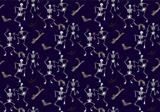 ilustraciones, imágenes clip art, dibujos animados e iconos de stock de patrón sin costuras de halloween de acuarela. esqueleto divertido bailando con gatos y murciélagos. - animal skeleton illustrations